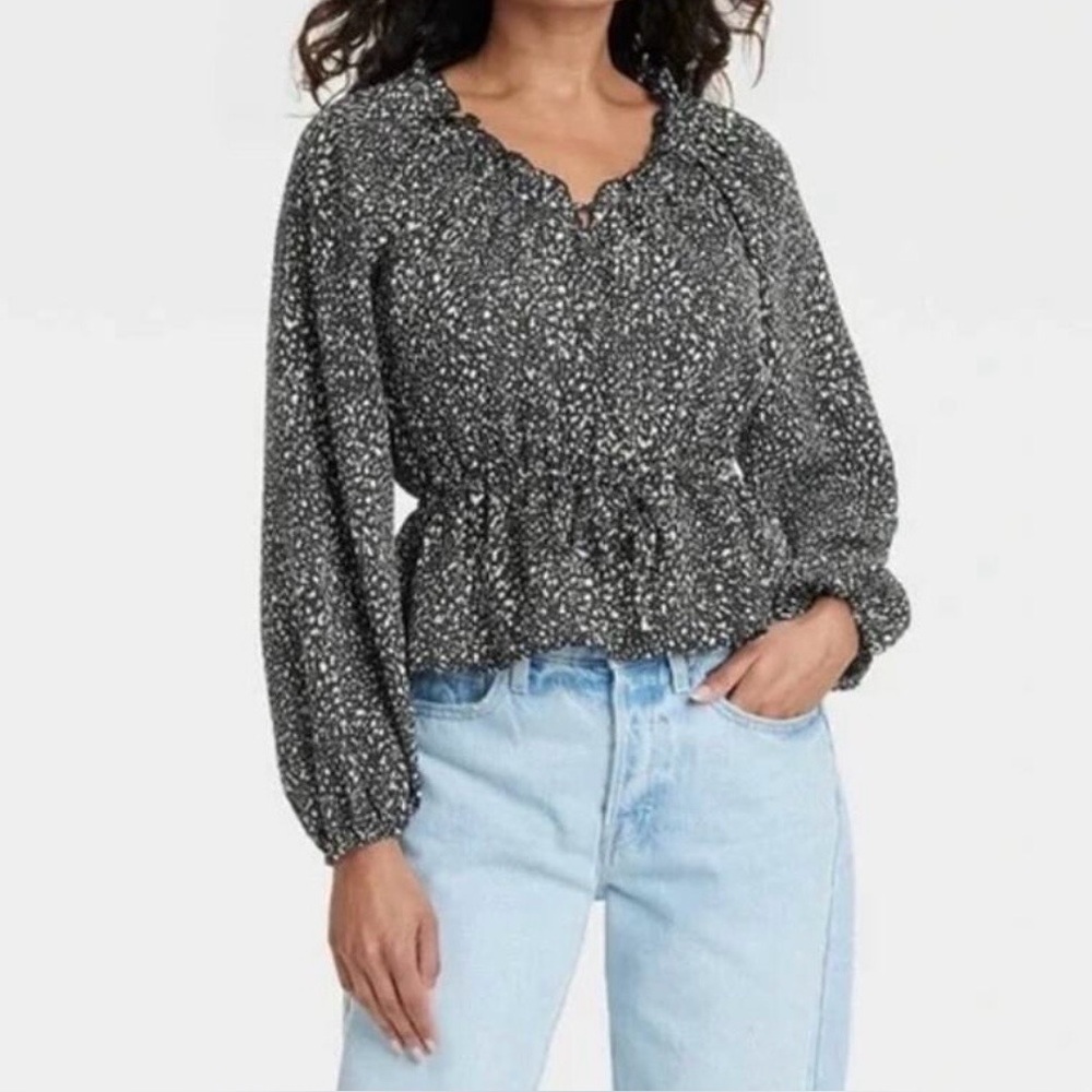 Universal Thread Black Printed Peplum Blouse XL